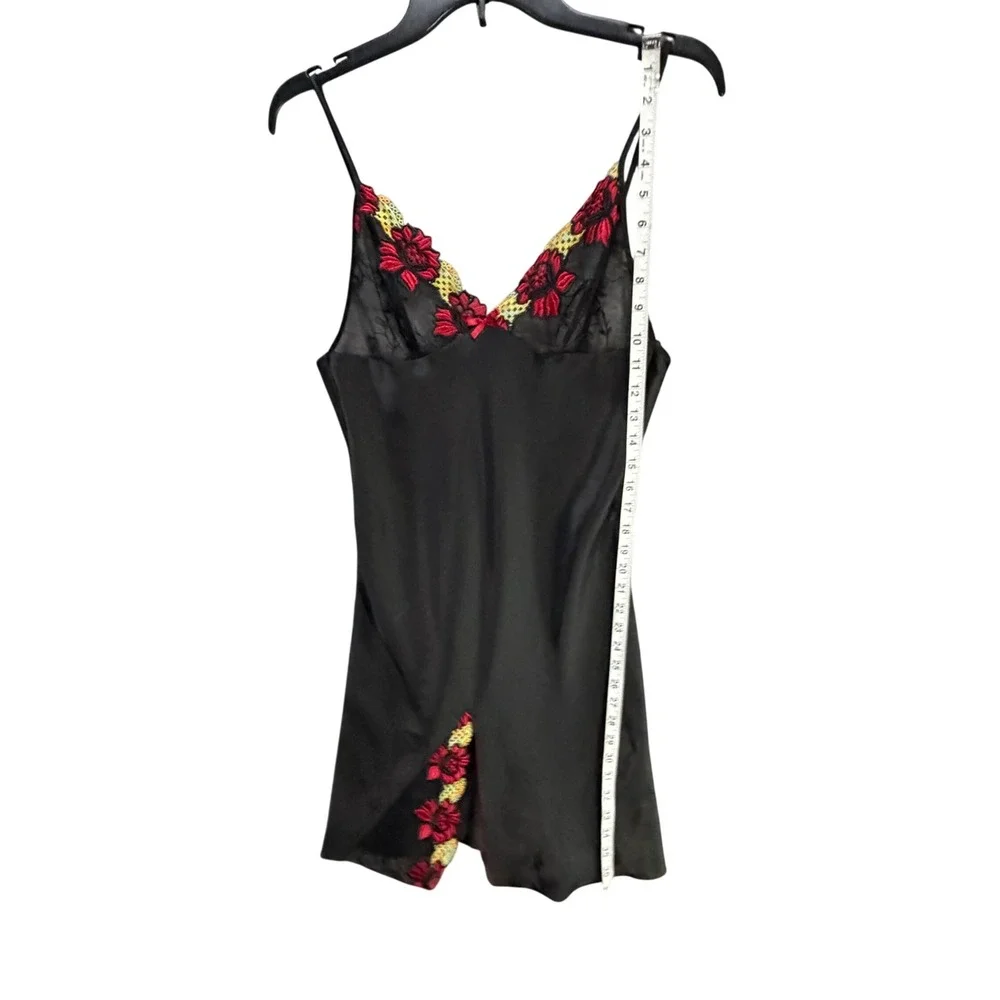 Jasmin Y2K Satin Slip Dress Small Black Red Floral Embroidery Nightwear Lingerie